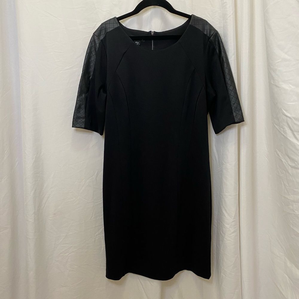 Metaphor dress, fitted black with faux leather sleeve detail, size L